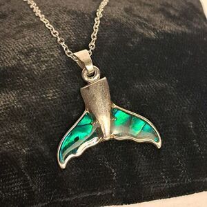 Silvertone Whale Tail Fin Abalone Shell Pendant Charm  Colors of Deep Sea